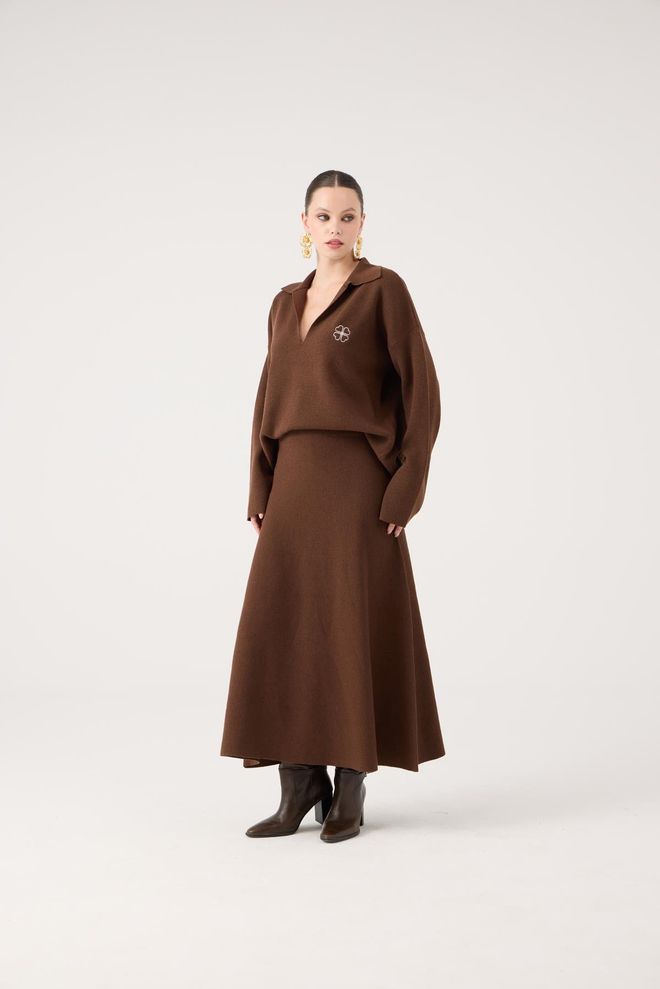 Holly Lolly Saia Castanho Alargada Maxi Cintura Média Só Puxar Roupas por atacado A relaxar