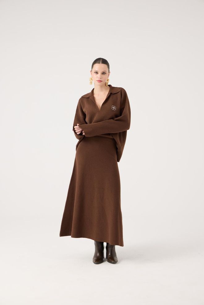 Holly Lolly Saia Castanho Alargada Maxi Cintura Média Só Puxar Roupas por atacado 1