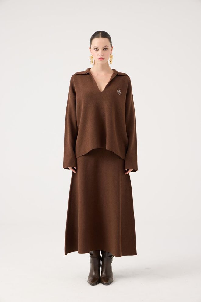 Holly Lolly Kahverengi Bol Kalıp Derin Dekolte Kazak Toptan Giyim Ev Hali