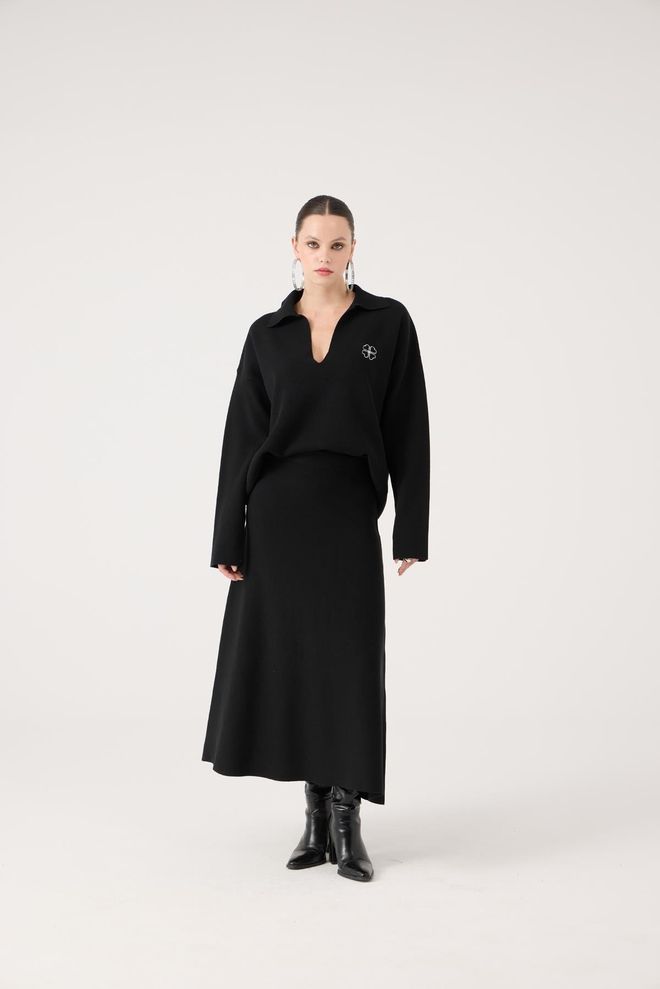 Holly Lolly Saia Midi Preta Elegante Cintura Alta E Evasê Roupas por atacado 1