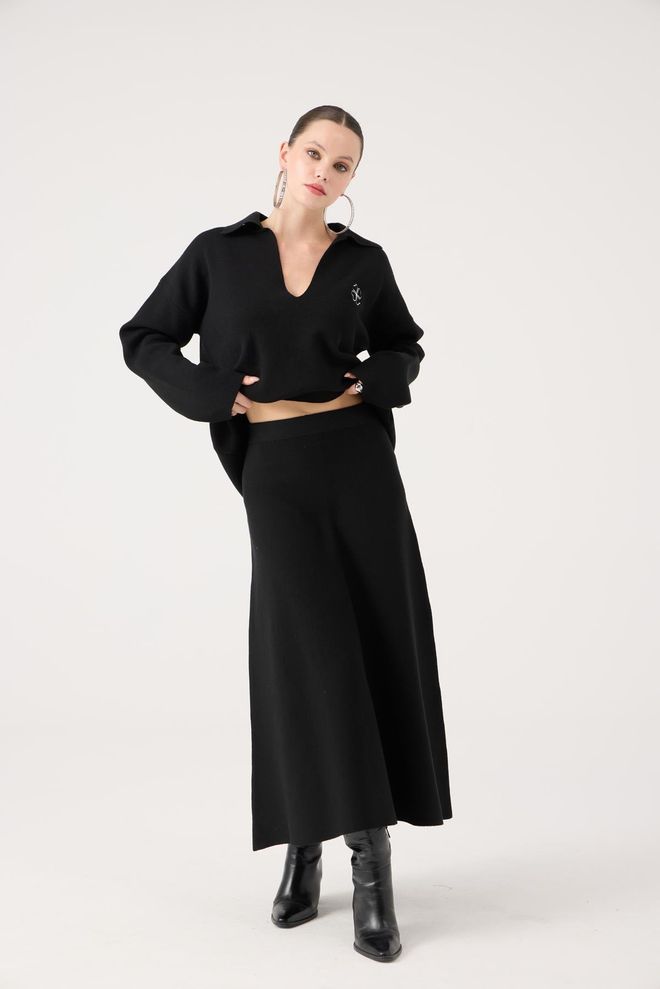 Holly Lolly Saia Midi Preta Elegante Cintura Alta E Evasê Roupas por atacado Trabalho