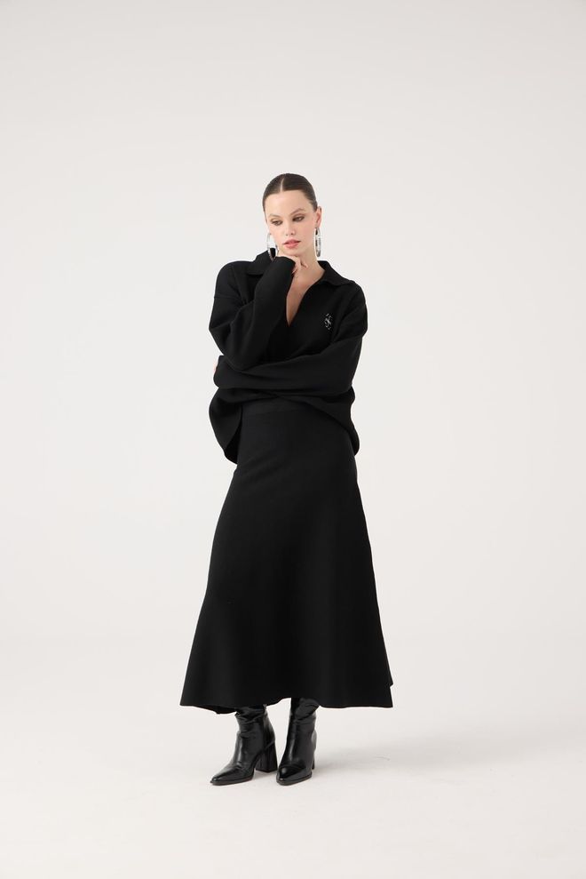 Holly Lolly Saia Midi Preta Elegante Cintura Alta E Evasê Roupas por atacado Primavera