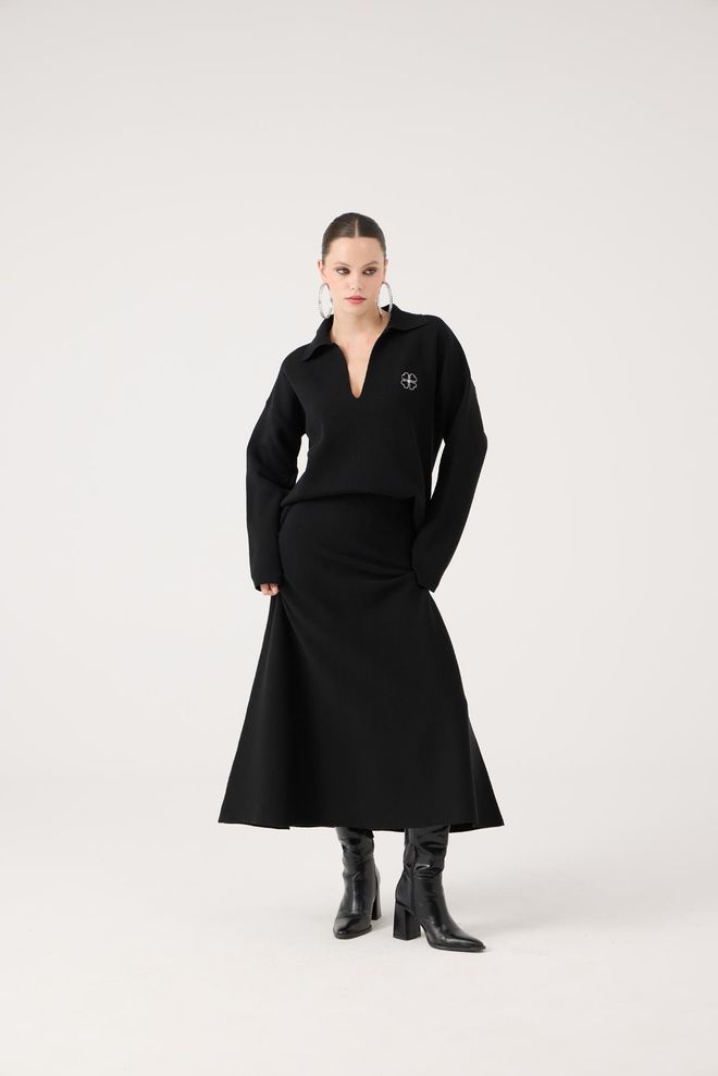 Holly Lolly Siyah Bol Kalıp Kazak Çentikli Yakayla Toptan Giyim 1