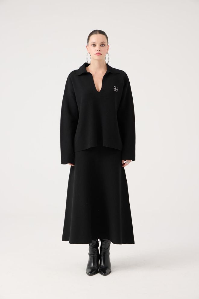 Holly Lolly Siyah Bol Kalıp Kazak Çentikli Yakayla Toptan Giyim İş