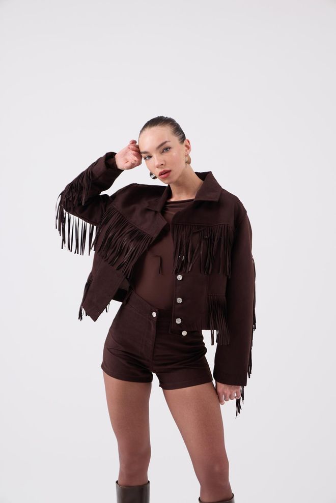 Holly Lolly Rjava Western Priložnostna Jakna Majica Oblačila na debelo Ležerno