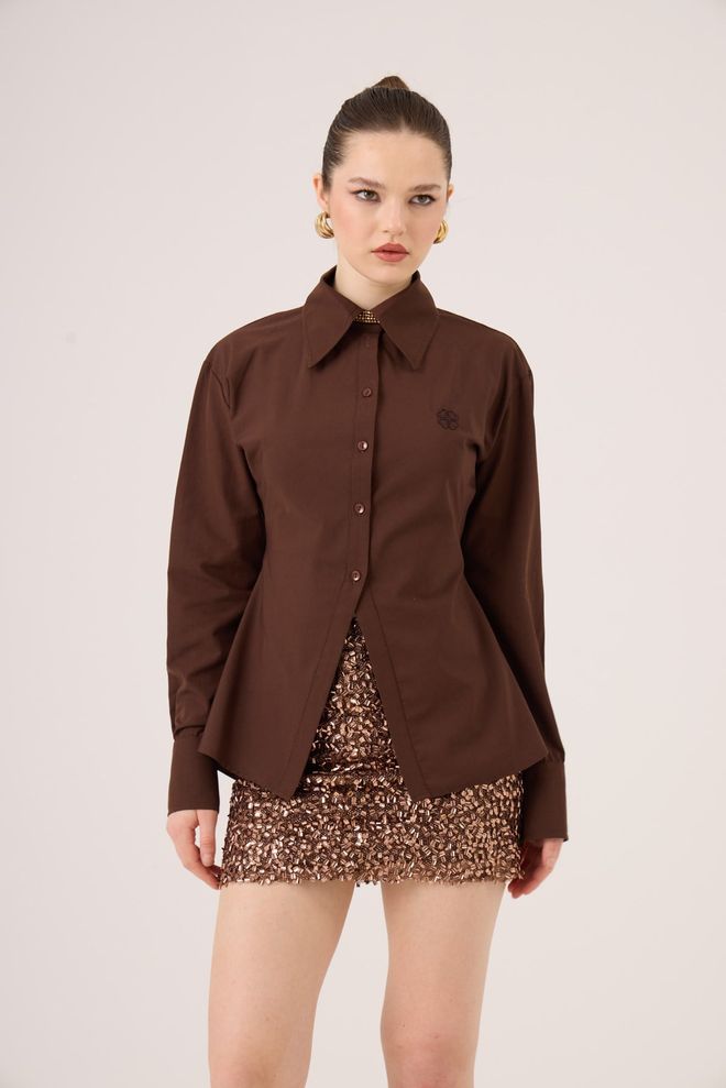 Holly Lolly Brown Fitted Formal Shirt With Notched Neck Wholesale Clothing Casual