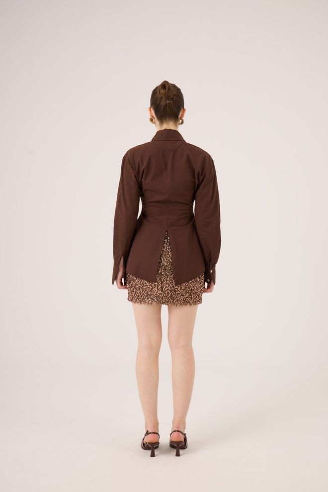 Holly Lolly Brown Fitted Formal Shirt With Notched Neck Wholesale Clothing Vintage