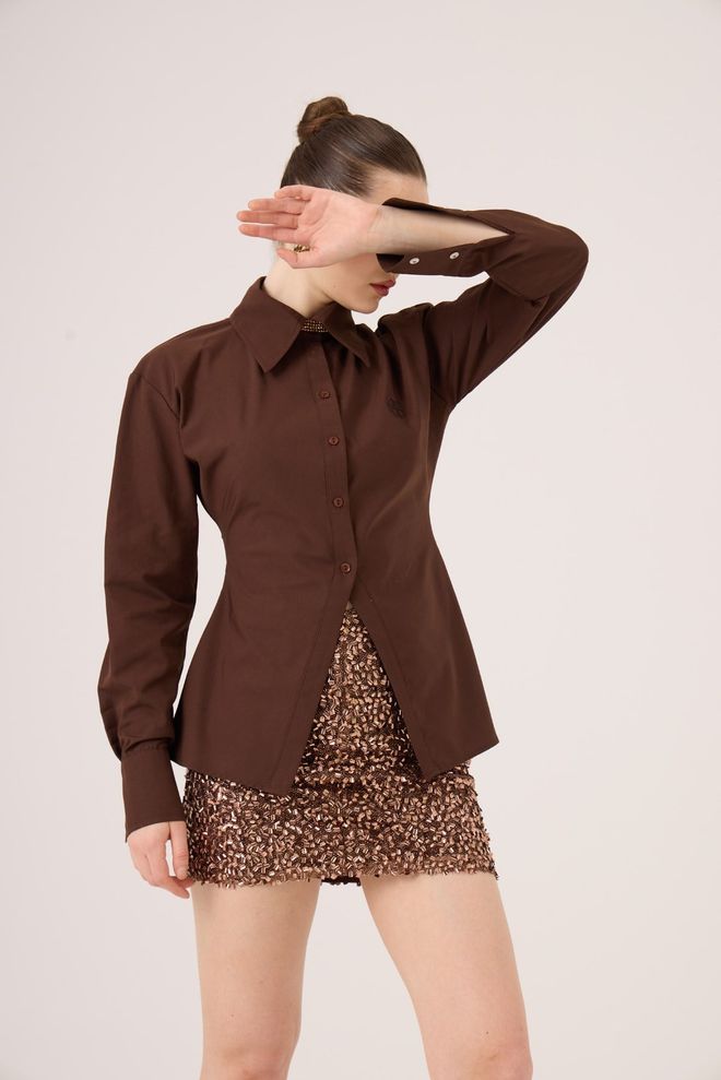 Holly Lolly Brown Fitted Formal Shirt With Notched Neck Wholesale Clothing Spring