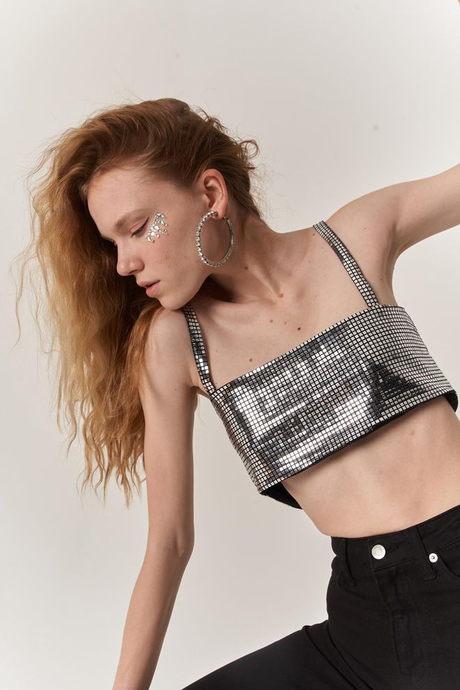 Holly Lolly Blusa Plata Glam Sexy Con Cuello Cuadrado Ropa al por mayor Casual