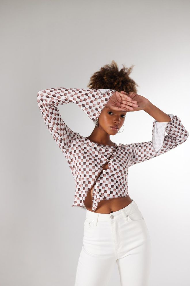 Holly Lolly Коричневая Клетчатая Блузка С Расклешёнными Рукавами Оптовая продажа одежды Повседневный