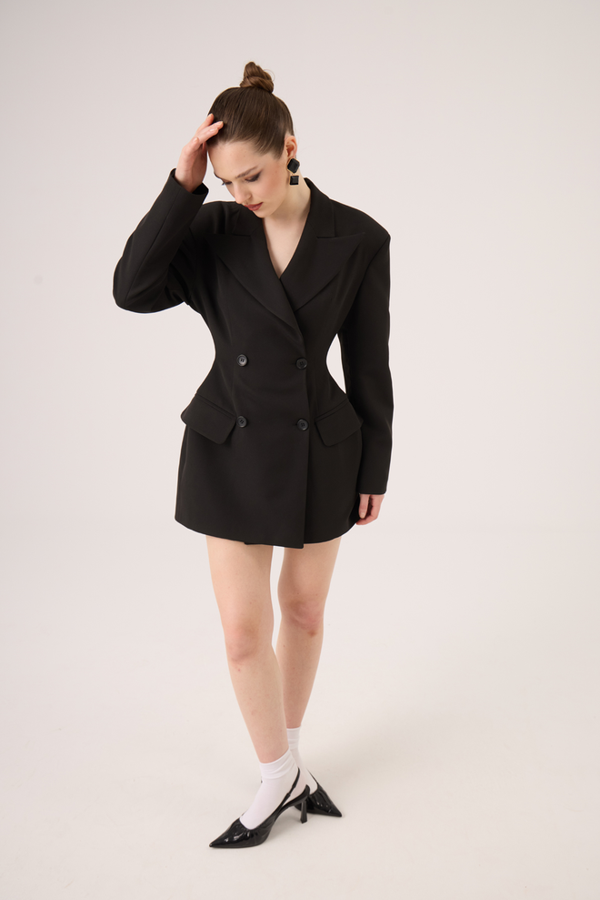 Holly Lolly Black Elegant Double Breasted Blazer Jacket Wholesale Clothing Work