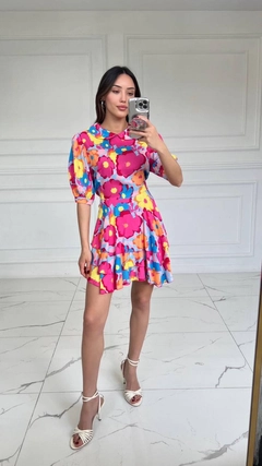 Модел на дрехи на едро носи HOT10083 - Baby Collar Dress - Multicolor, турски едро рокля на Hot Fashion