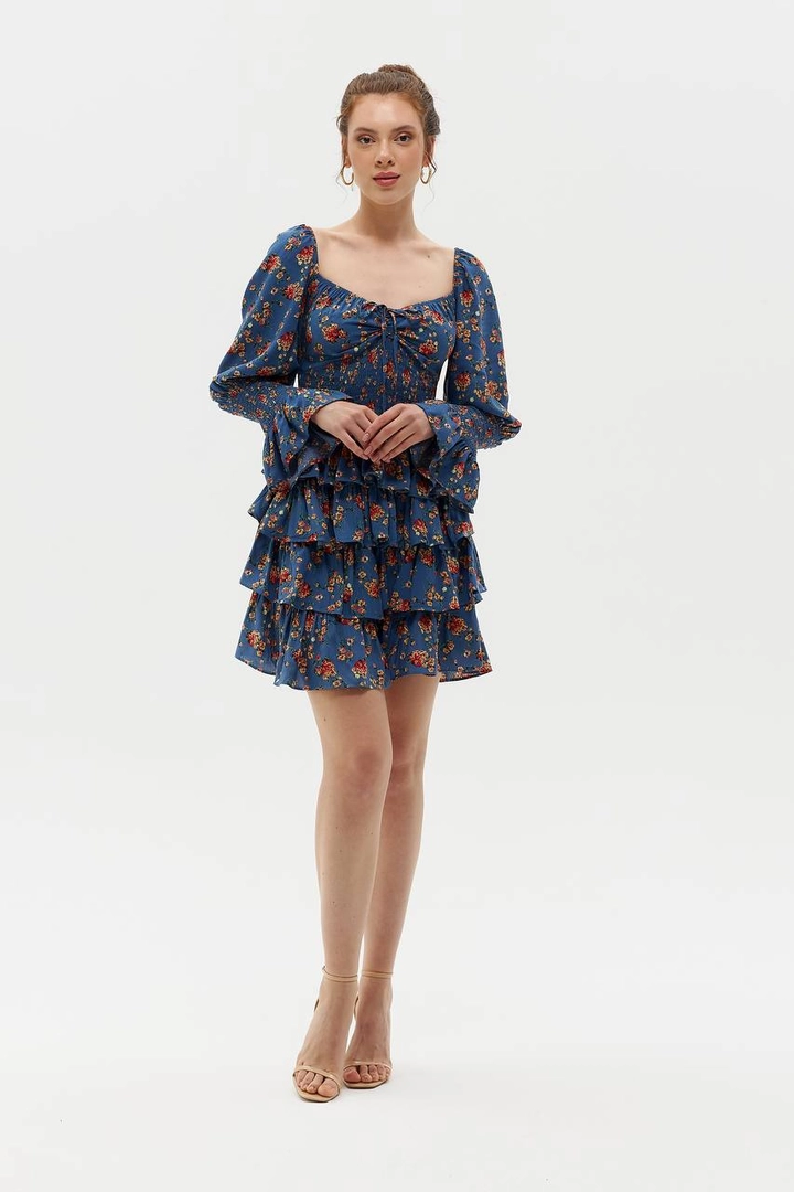 Ένα μοντέλο χονδρικής πώλησης ρούχων φοράει HOT10014 - Dress - Blue, τούρκικο Φόρεμα χονδρικής πώλησης από Hot Fashion