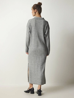 A wholesale clothing model wears hot10172-ribbed-polo-neck-dress-gray, Turkish wholesale Dress of Hot Fashion