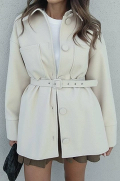 A wholesale clothing model wears hot10178-plated-buttoned-stash-jacket-stone, Turkish wholesale Jacket of Hot Fashion