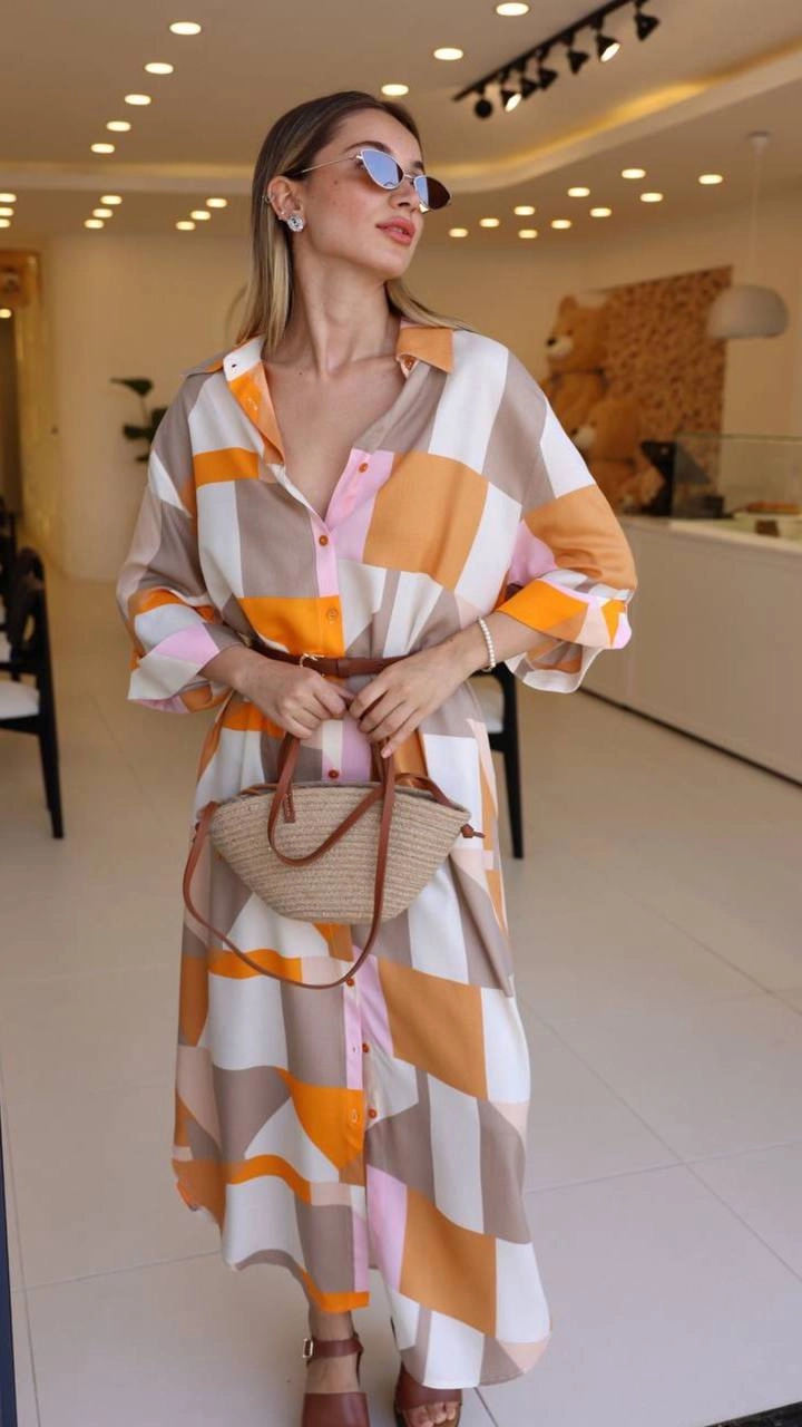 A wholesale clothing model wears HOT10117 - Long Loose Shirt Dress - Orange, Turkish wholesale Dress of Hot Fashion