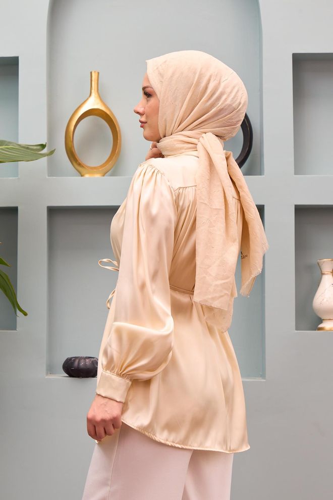 Hulya Keser Gamze Waist Tied Satin Shirt Beige Wholesale Clothing Polyester