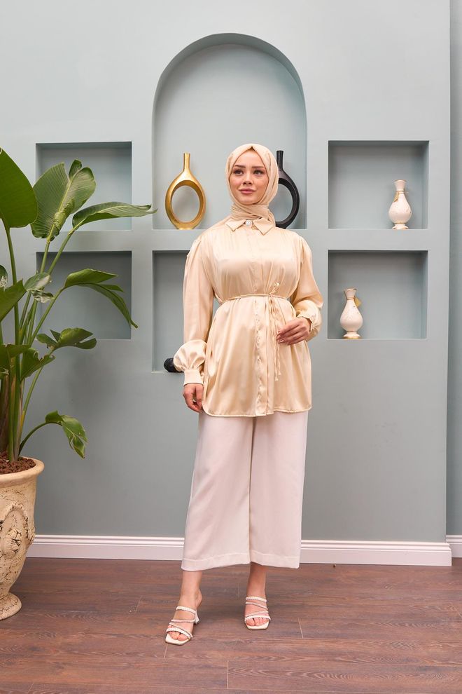 Hulya Keser Gamze Waist Tied Satin Shirt Beige Wholesale Clothing Glam