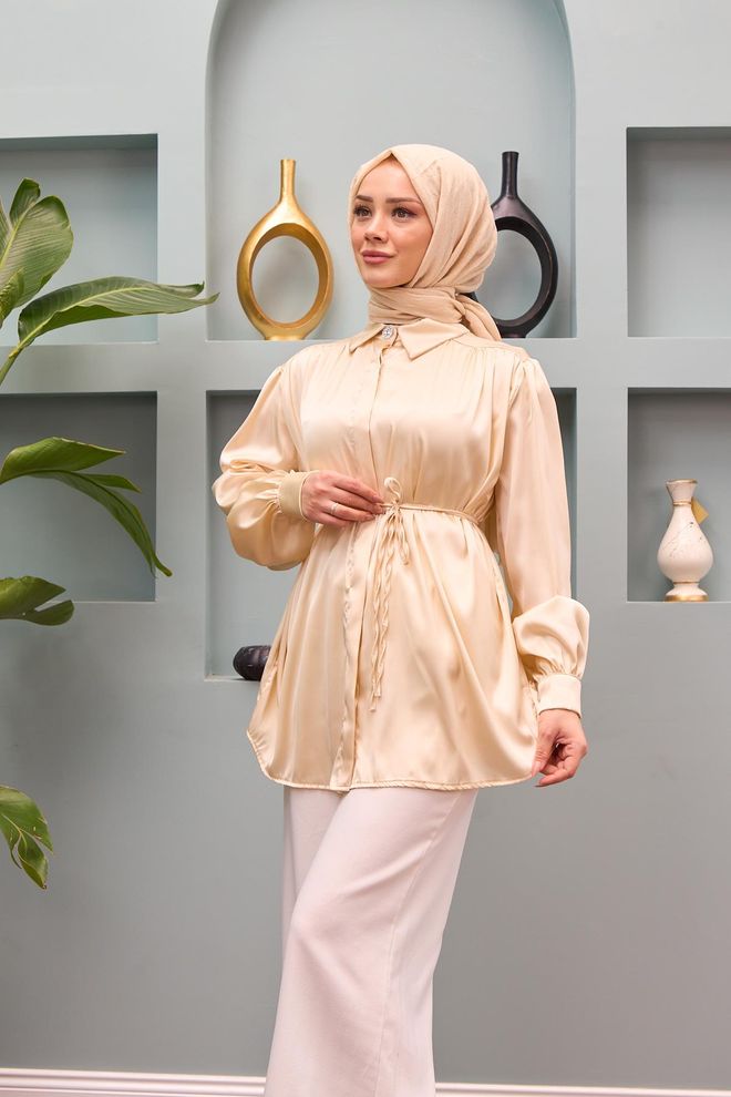 Hulya Keser Gamze Waist Tied Satin Shirt Beige Wholesale Clothing Silk