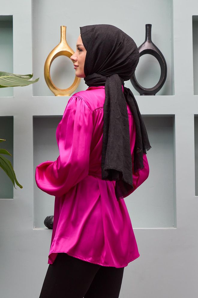 Hulya Keser Gamze Waist Tied Satin Shirt Fuchsia Wholesale Clothing Polyester
