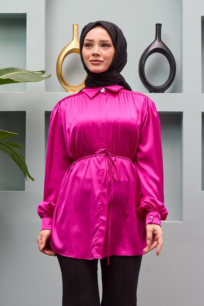 Hulya Keser Gamze Waist Tied Satin Shirt Fuchsia Wholesale Clothing Work