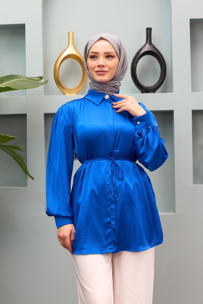 Hulya Keser Gamze Waist Tied Satin Shirt Saks Blue Wholesale Clothing Spring