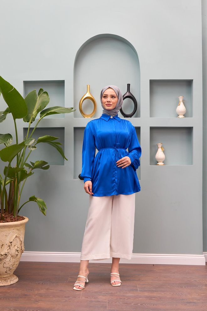 Hulya Keser Gamze Waist Tied Satin Shirt Saks Blue Wholesale Clothing Glam