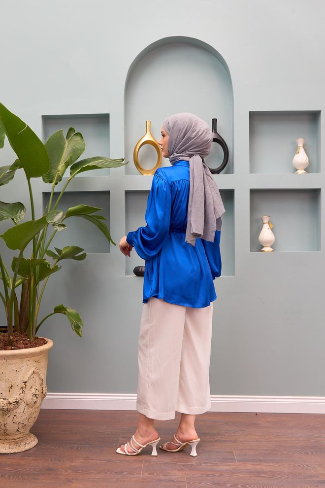 Hulya Keser Gamze Waist Tied Satin Shirt Saks Blue Wholesale Clothing Silk