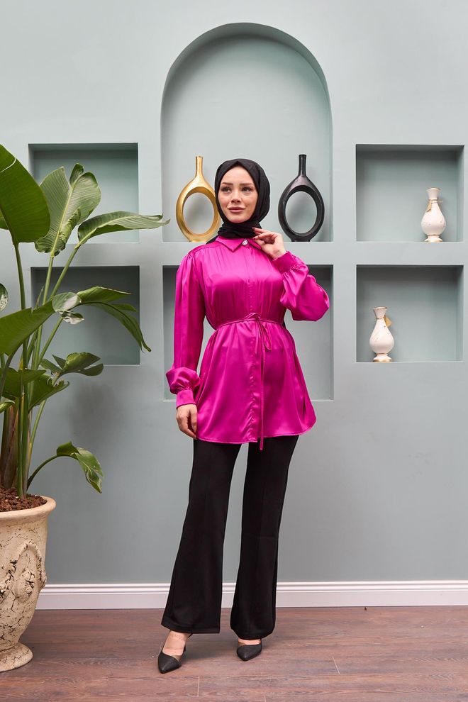 Hulya Keser Gamze Waist Tied Satin Shirt Fuchsia Wholesale Clothing Spring