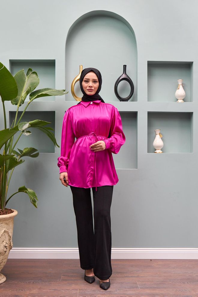 Hulya Keser Gamze Waist Tied Satin Shirt Fuchsia Wholesale Clothing Glam