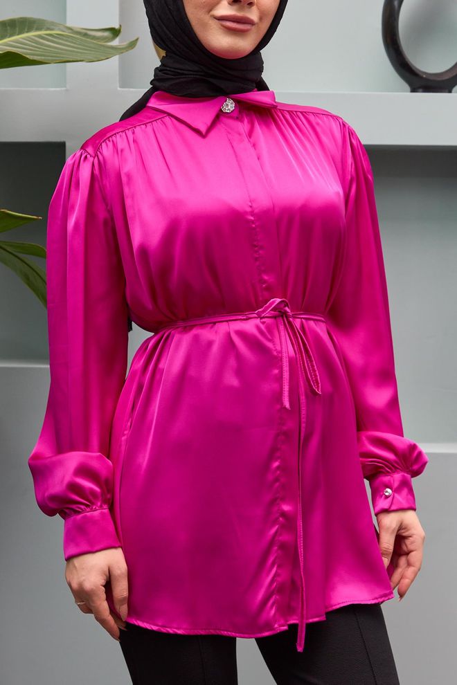 Hulya Keser Gamze Waist Tied Satin Shirt Fuchsia Wholesale Clothing Silk