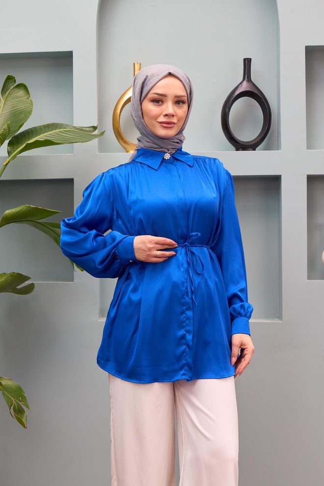 Hulya Keser Camisa De Satén Con Cintura Anudada Gamze Saks Blue Ropa al por mayor Modesto