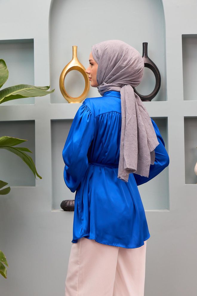 Hulya Keser Gamze Waist Tied Satin Shirt Saks Blue Wholesale Clothing Polyester