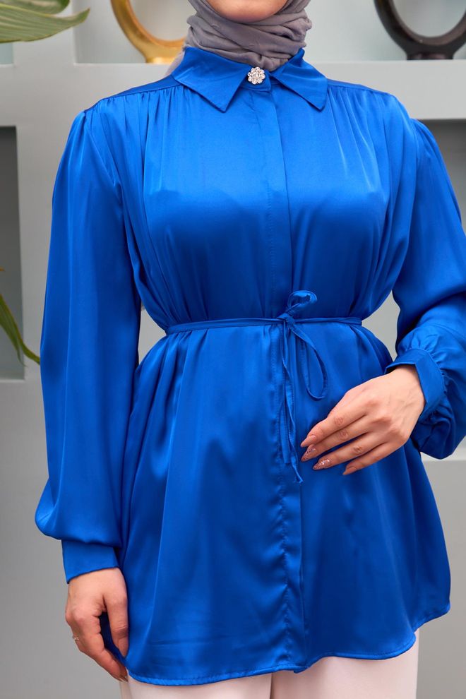 Hulya Keser Gamze Waist Tied Satin Shirt Saks Blue Wholesale Clothing Work