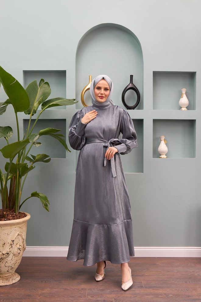 Hulya Keser فستان أويلوم بحزام وأكمام منتفخة رمادي ملابس بالجملة محتشم