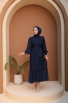 A wholesale clothing model wears HUL10324 - Pleated Balloon Sleeve Evening Dress - Navy Blue, Turkish wholesale Dress of Hulya Keser
