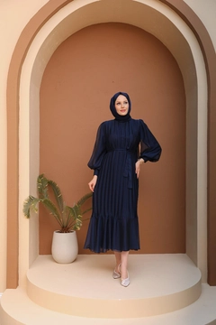 A wholesale clothing model wears HUL10324 - Pleated Balloon Sleeve Evening Dress - Navy Blue, Turkish wholesale Dress of Hulya Keser