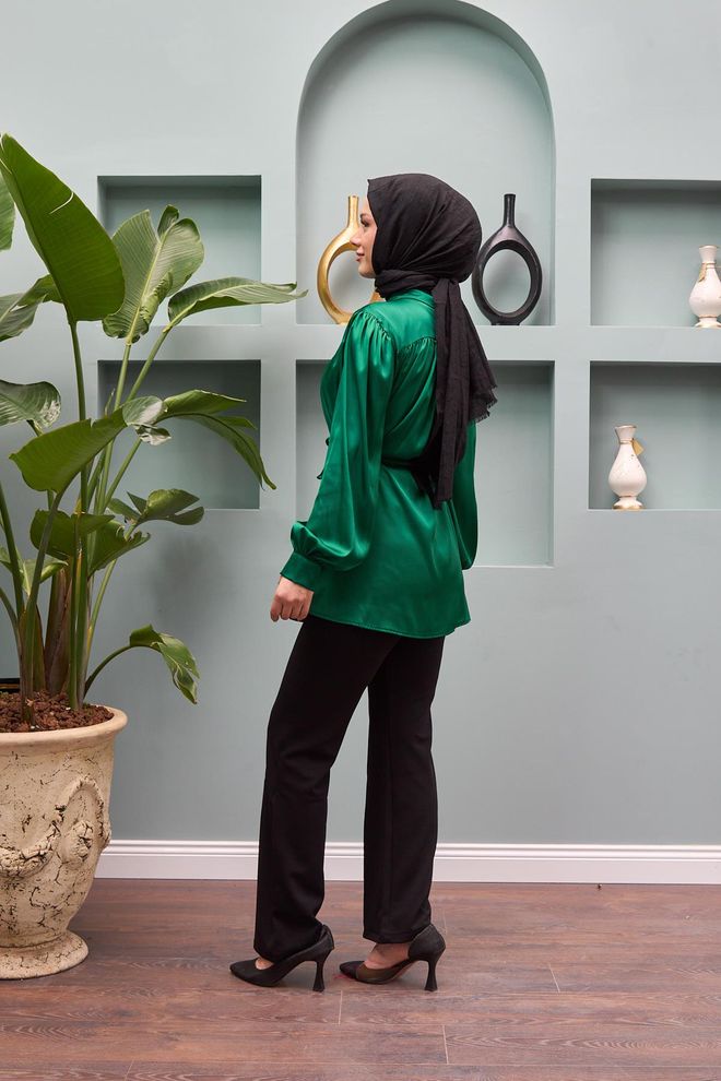 Hulya Keser Belted Satin Shirt Emerald Green Wholesale Clothing Polyester