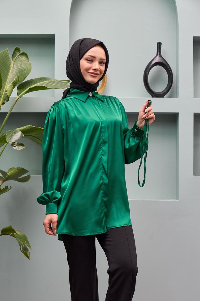 Hulya Keser Belted Satin Shirt Emerald Green Wholesale Clothing Work