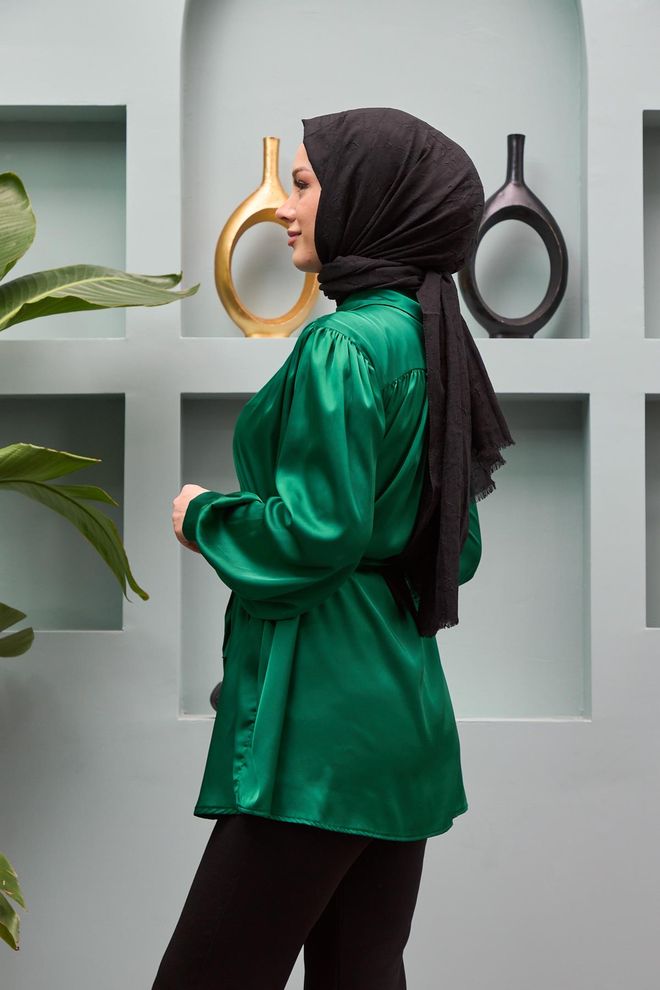 Hulya Keser Belted Satin Shirt Emerald Green Wholesale Clothing Spring
