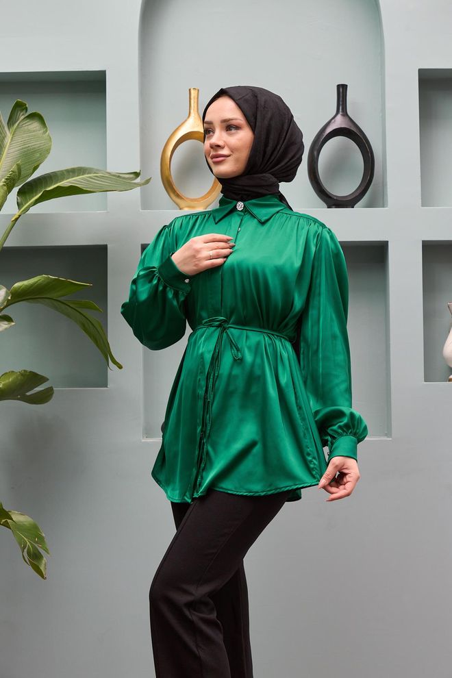 Hulya Keser Belted Satin Shirt Emerald Green Wholesale Clothing Glam