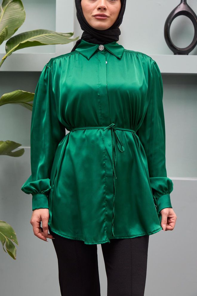 Hulya Keser Belted Satin Shirt Emerald Green Wholesale Clothing Silk