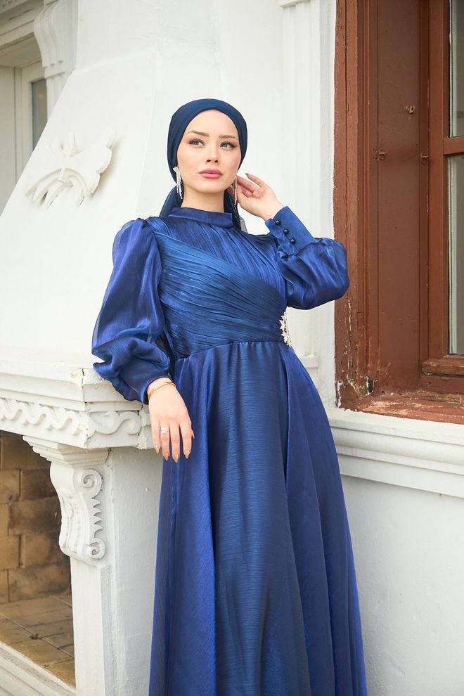 Hulya Keser Vestido De Noche Con Estampado De Piedras Y Flores Beli Azul Marino Ropa al por mayor Elegante