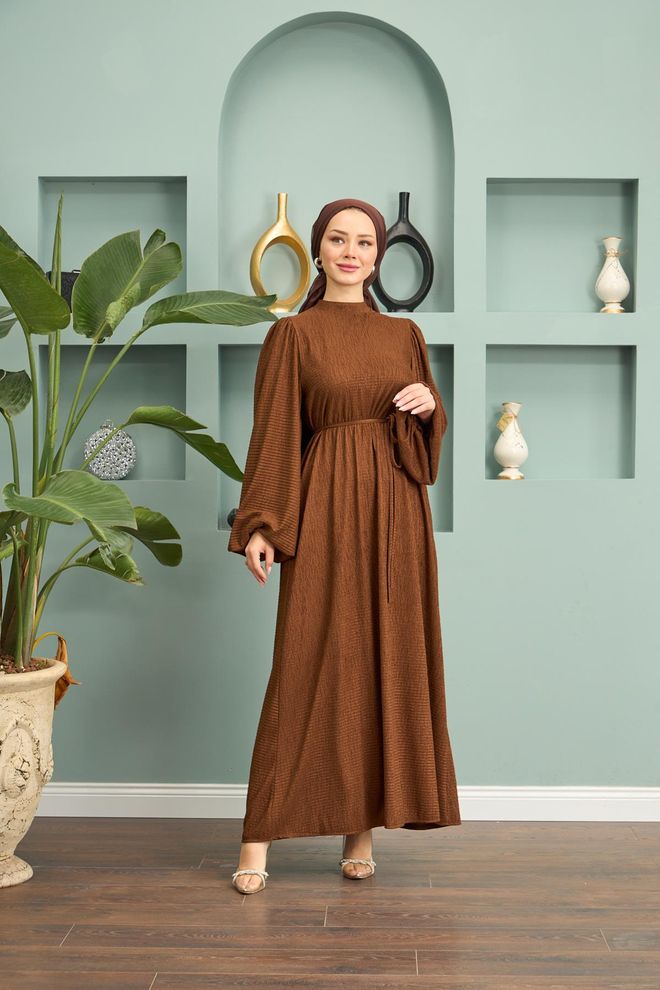 Hulya Keser Robe Longue Avec Lien À La Taille Marron Vêtements en gros Modeste