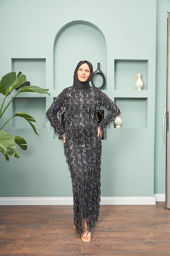 Hulya Keser Rana Tasseled Evening Dress Silver Wholesale Clothing Wedding