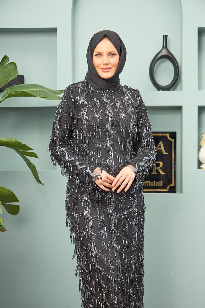 Hulya Keser Rana Tasseled Evening Dress Silver Wholesale Clothing Winter