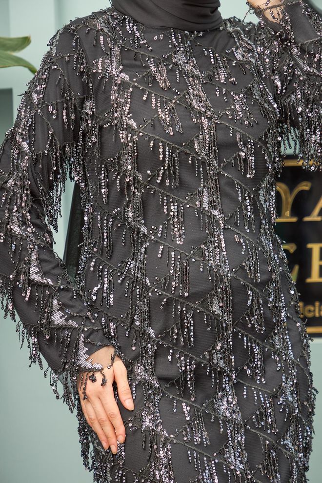 Hulya Keser Rana Tasseled Evening Dress Silver Wholesale Clothing 5