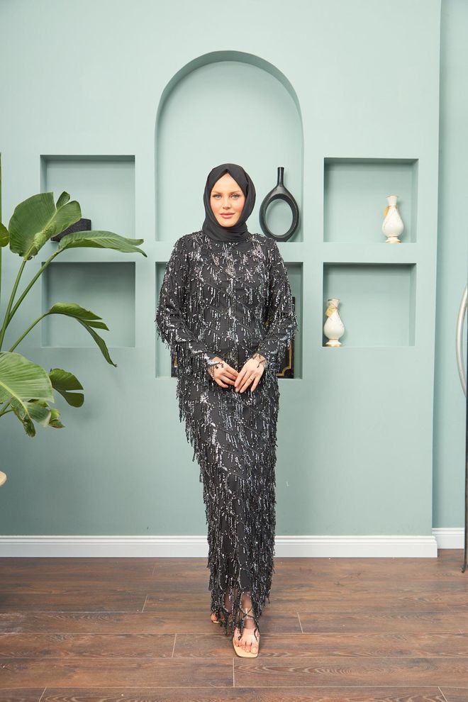 Hulya Keser Rana Tasseled Evening Dress Silver Wholesale Clothing Formal