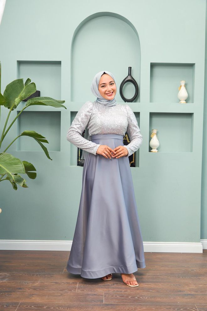 Hulya Keser Robe De Soirée En Satin Avec Jupe À Paillettes Argent Vêtements en gros Modeste