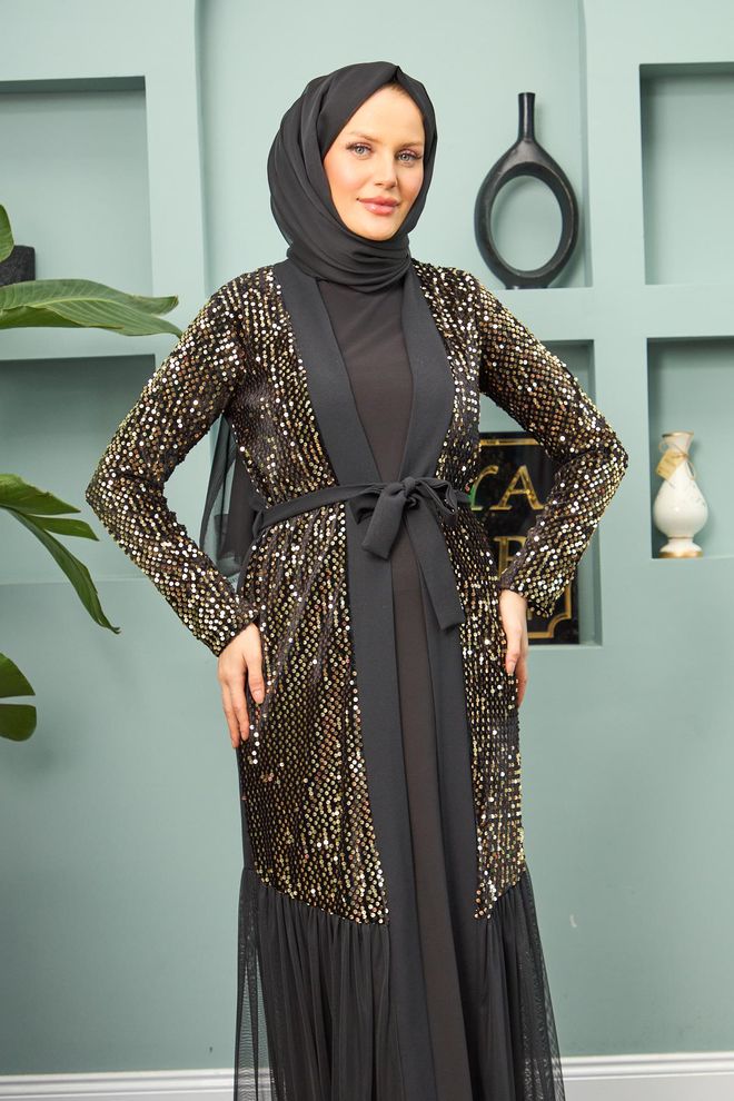 Hulya Keser Abaya Com Detalhe Dourado Preto Roupas por atacado Sem Tecido